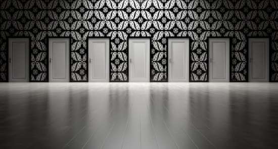 Many doors choices A black and white wall with many doors, representing many choices