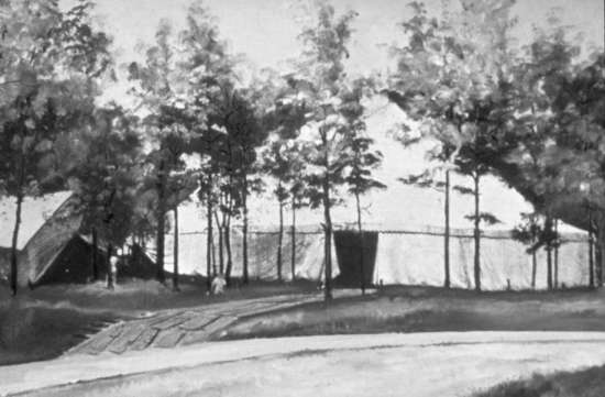 Tent for camp meeting A tent standing amidst some trees, ready for camp meeting