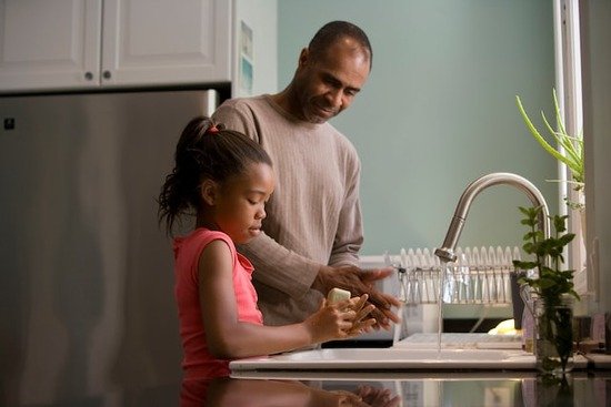 Daughter and Dad Washing Hands A father teaching his daughter to wash her hands with water