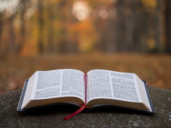 An open Bible on a rock