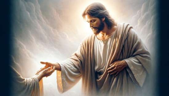 Jesus extends His hand to someone, emphasizing the point that He took on a human form.