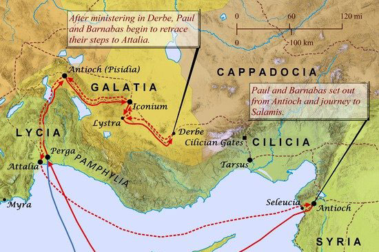 The route of Paul's first missionary journey throughout the Mediterranean region