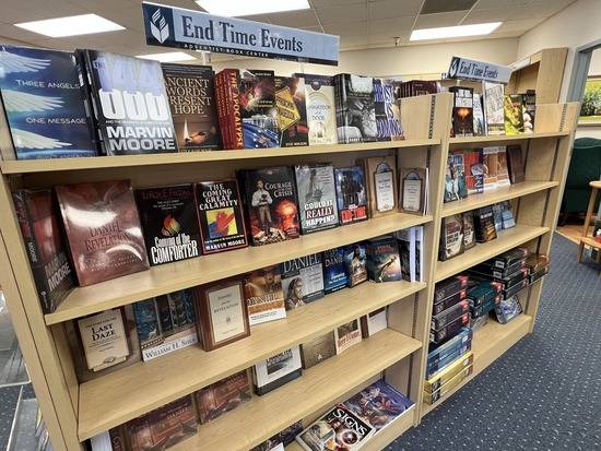 End Time Events Shelf at Bookstore A shelf at an Adventist Book Center, containing books about last-day events