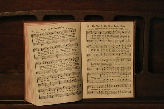 Seventh-day Adventist songbook A Seventh-day Adventist songbook open on a music stand