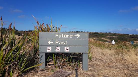 Wooden sign that says future and past; with arrows pointing to the right and the left A sign on the beach pointing towards the past and the future