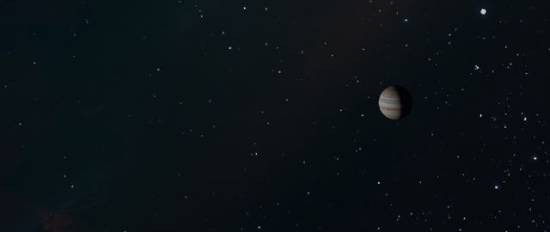A planet in the distance surrounded by stars in space.