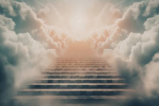A stairway surrounded by clouds on either side that's going up to heaven.