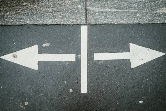 A spot of pavement shows two white arrows pointing in opposite directions.